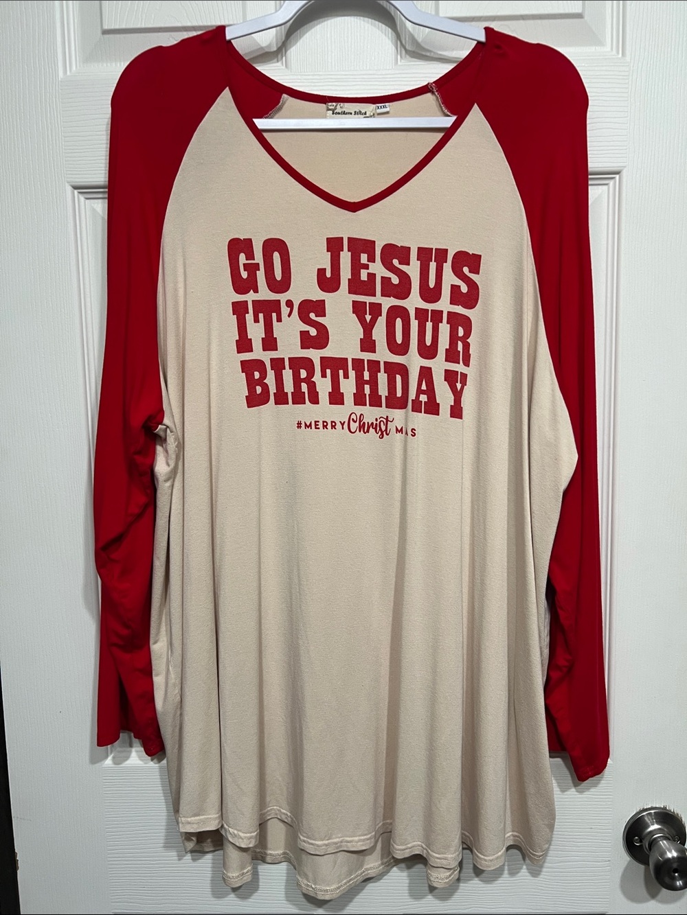 Southern Stitch Go Jesus It's Your Birthday Red & Cream Raglan Tee